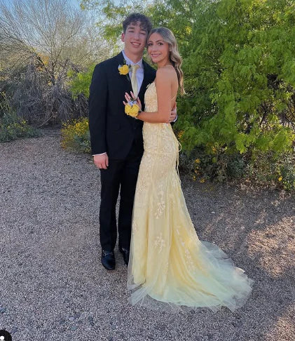Robe de soirée longue en dentelle jaune élégante et délicate avec broderie florale et appliques gh3356