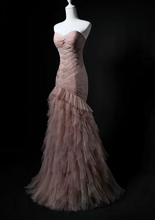 Light Pink Strapless Waist-Cinched Bodycon Sexy Long Evening Dress, Fairy Gown, Romantic Gown gh7469
