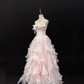 Blush Pink Strapless Long Romantic Dress with Beaded Embellishments, Cinched Waist & Voluminous Tiered Skirt, Wedding Gown gh8094