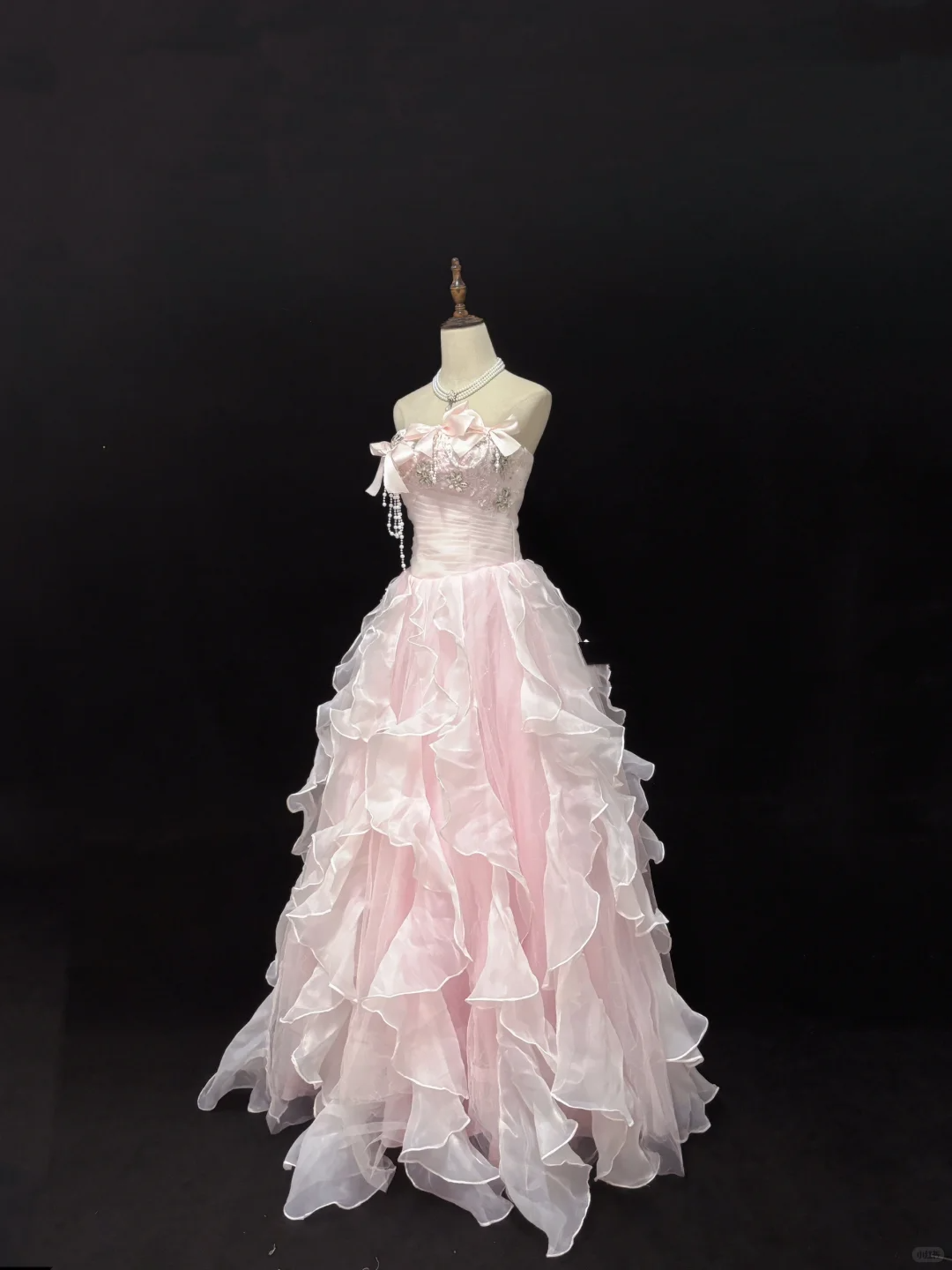 Blush Pink Strapless Long Romantic Dress with Beaded Embellishments, Cinched Waist & Voluminous Tiered Skirt, Wedding Gown gh8094