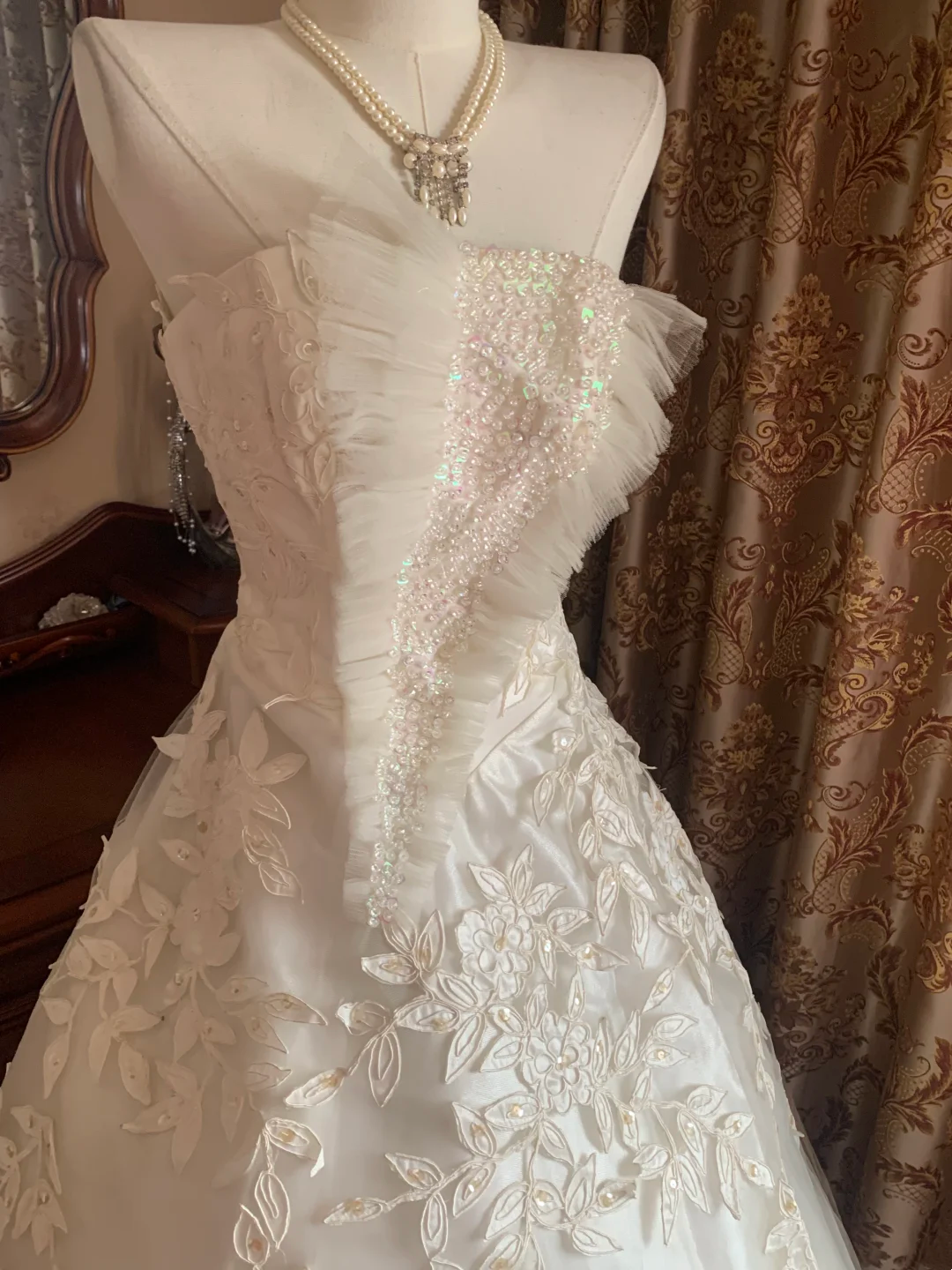 Ivory Strapless Sequin Fitted Waist Voluminous Skirt Prom Gown, Birthday Dress, Bridal Wedding Gown gh7269