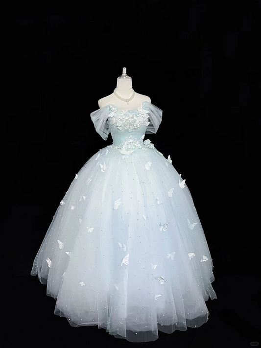 Light Blue Off-the-Shoulder Cinched Waist Voluminous Butterfly Hem Romantic Dress, Wedding Gown gh7958