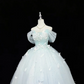 Light Blue Off-the-Shoulder Cinched Waist Voluminous Butterfly Hem Romantic Dress, Wedding Gown gh7958
