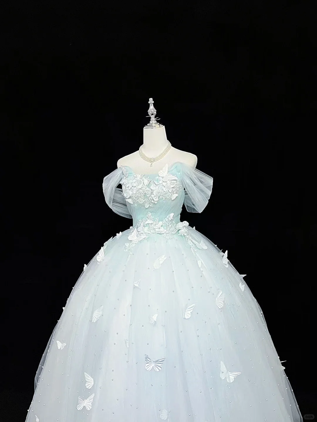 Light Blue Off-the-Shoulder Cinched Waist Voluminous Butterfly Hem Romantic Dress, Wedding Gown gh7958