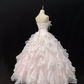 Blush Pink Strapless Long Romantic Dress with Beaded Embellishments, Cinched Waist & Voluminous Tiered Skirt, Wedding Gown gh8094