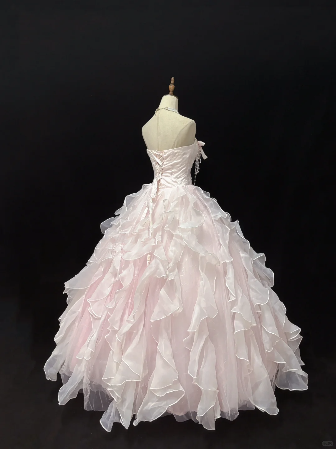 Blush Pink Strapless Long Romantic Dress with Beaded Embellishments, Cinched Waist & Voluminous Tiered Skirt, Wedding Gown gh8094