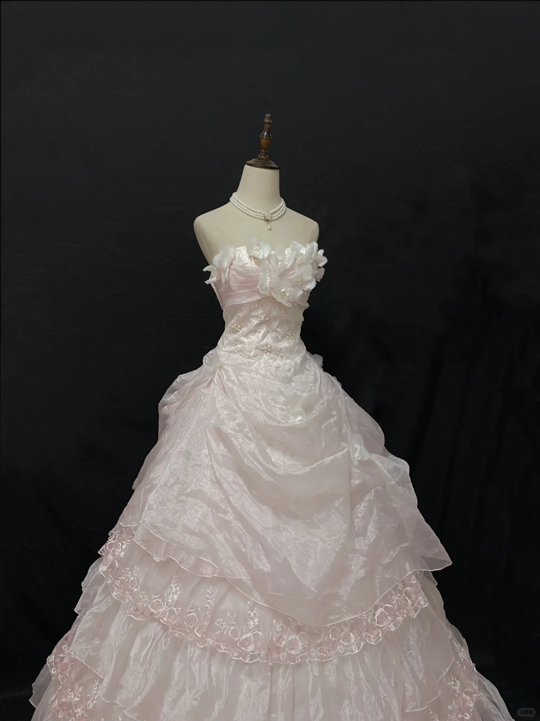 Blush Pink Floral Strapless Wedding Dress, Cinched Waist, Tiered Cake Skirt gh8269