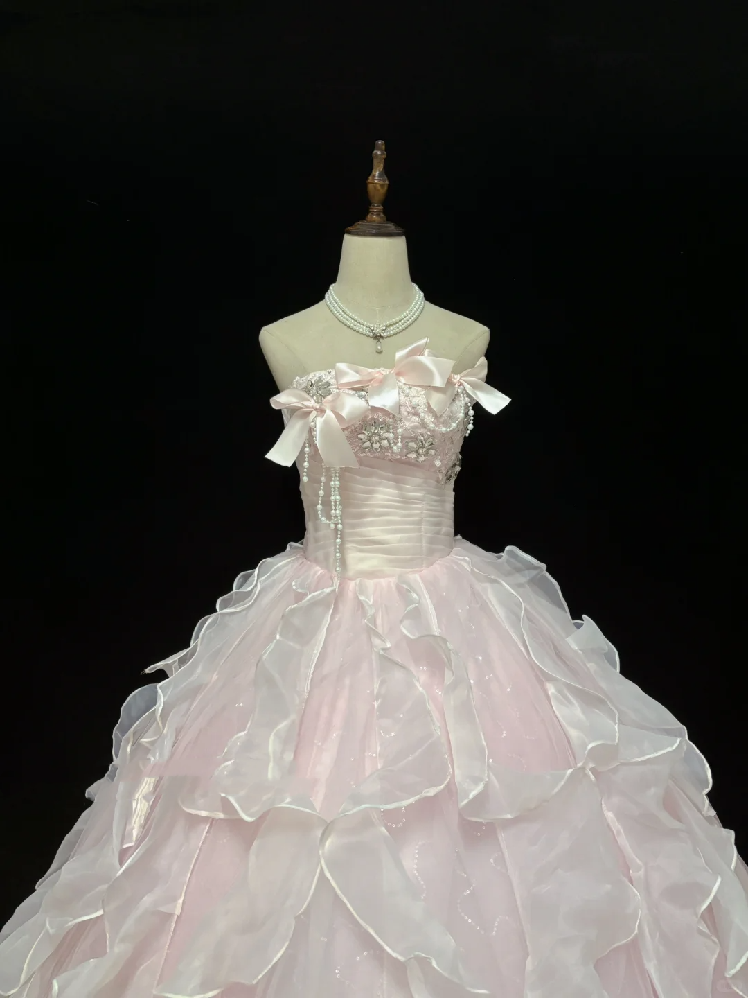 Blush Pink Strapless Long Romantic Dress with Beaded Embellishments, Cinched Waist & Voluminous Tiered Skirt, Wedding Gown gh8094