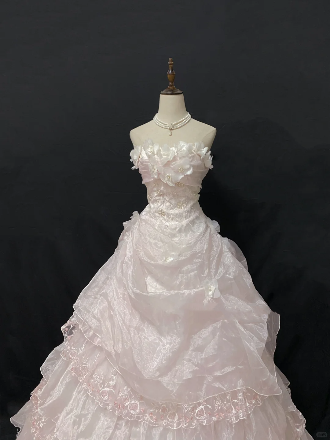 Blush Pink Floral Strapless Wedding Dress, Cinched Waist, Tiered Cake Skirt gh8269