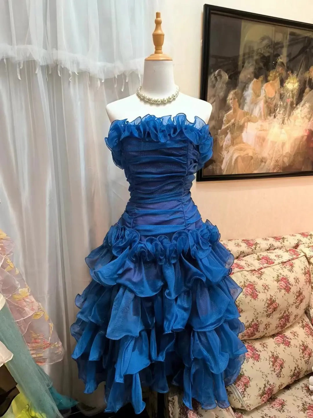 Robe de soirée courte en tulle bleu vintage, élégante, à bretelles, à volants, pour bal de promo, anniversaire, gh4151