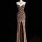 Robe de soirée longue à paillettes dorées, brillante, magnifique, élégante, à bretelles spaghetti, longue et sexy, fendue, paillettes, longueur au sol, gh4113