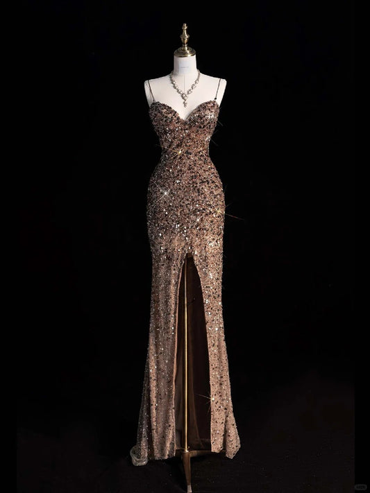 Robe de soirée longue à paillettes dorées, brillante, magnifique, élégante, à bretelles spaghetti, longue et sexy, fendue, paillettes, longueur au sol, gh4113