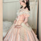 Pfirsichrosa Satin-Ballkleid im viktorianischen Lolita-Stil mit schulterfreiem Ausschnitt: Satinstoff, Spitzenschleife, Retro-Ballkleid-Silhouette, formelles Kleid für Teepartys gh6735