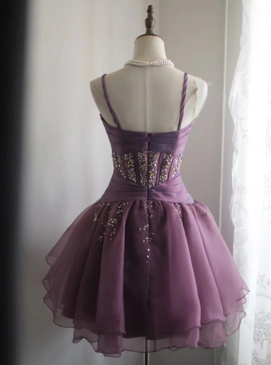 Lila Retro Palast Puffy Short Homecoming Kleid Prinzessin Kleid Taft Satin Organza handgefertigte Perlen Erwachsene Zeremonie Geburtstagsparty gh4373