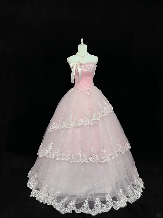 Blush Pink Gradient Strapless Cinched Waist Voluminous Skirt with Lace Trim Romantic Dress, Wedding Gown gh8054