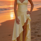 Light Yellow Satin Spaghetti Strap Maxi Dress - V-Neck Ruffle High-Slit Garden Party/Beach Vacation/Light Evening Dress gh6996