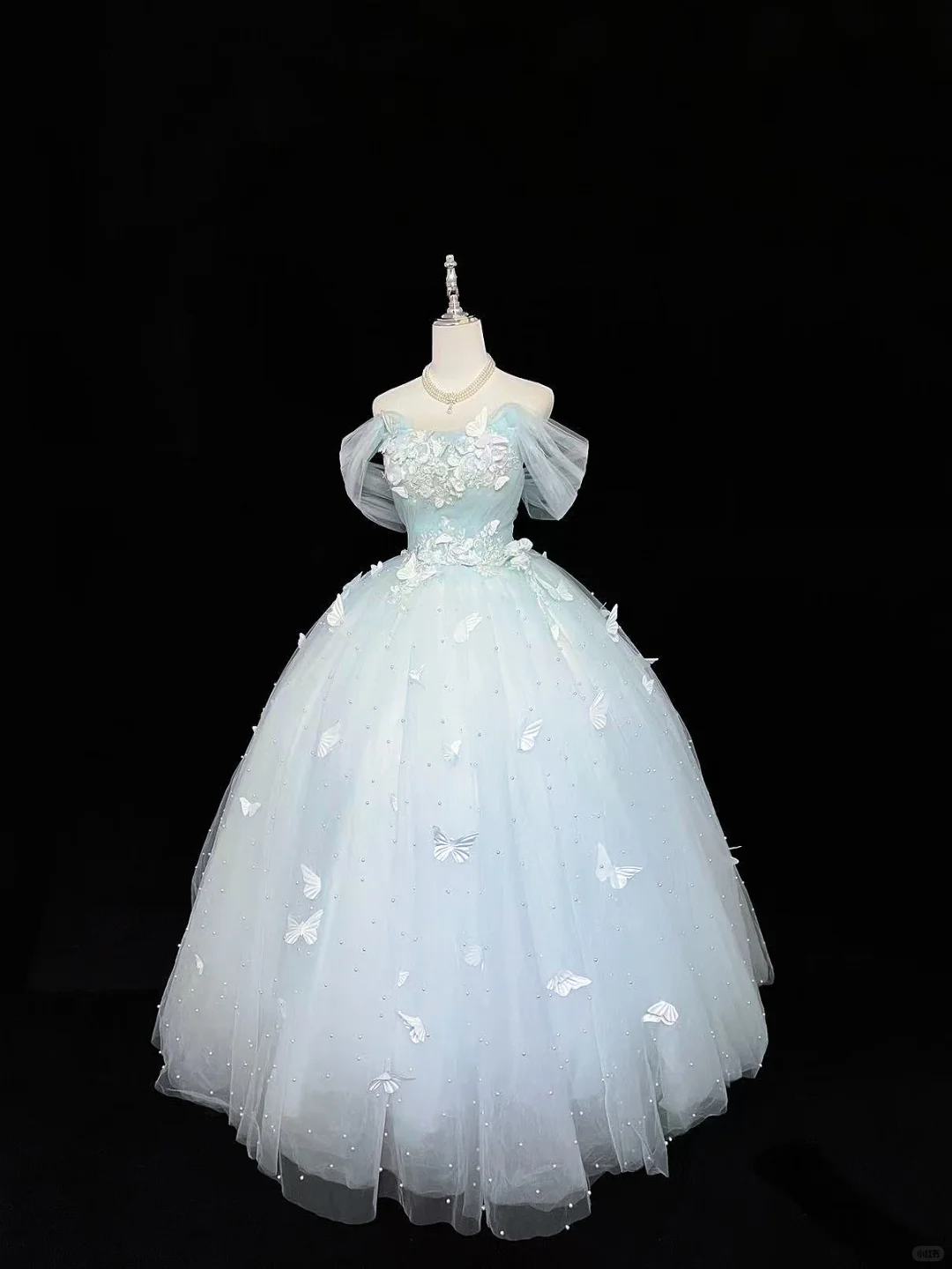 Light Blue Off-the-Shoulder Cinched Waist Voluminous Butterfly Hem Romantic Dress, Wedding Gown gh7958