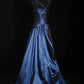 girlhomeshops-Navy Blue Satin Spaghetti Straps Floor-Length Sequin Beaded Big Bow Evening Gown gh6305