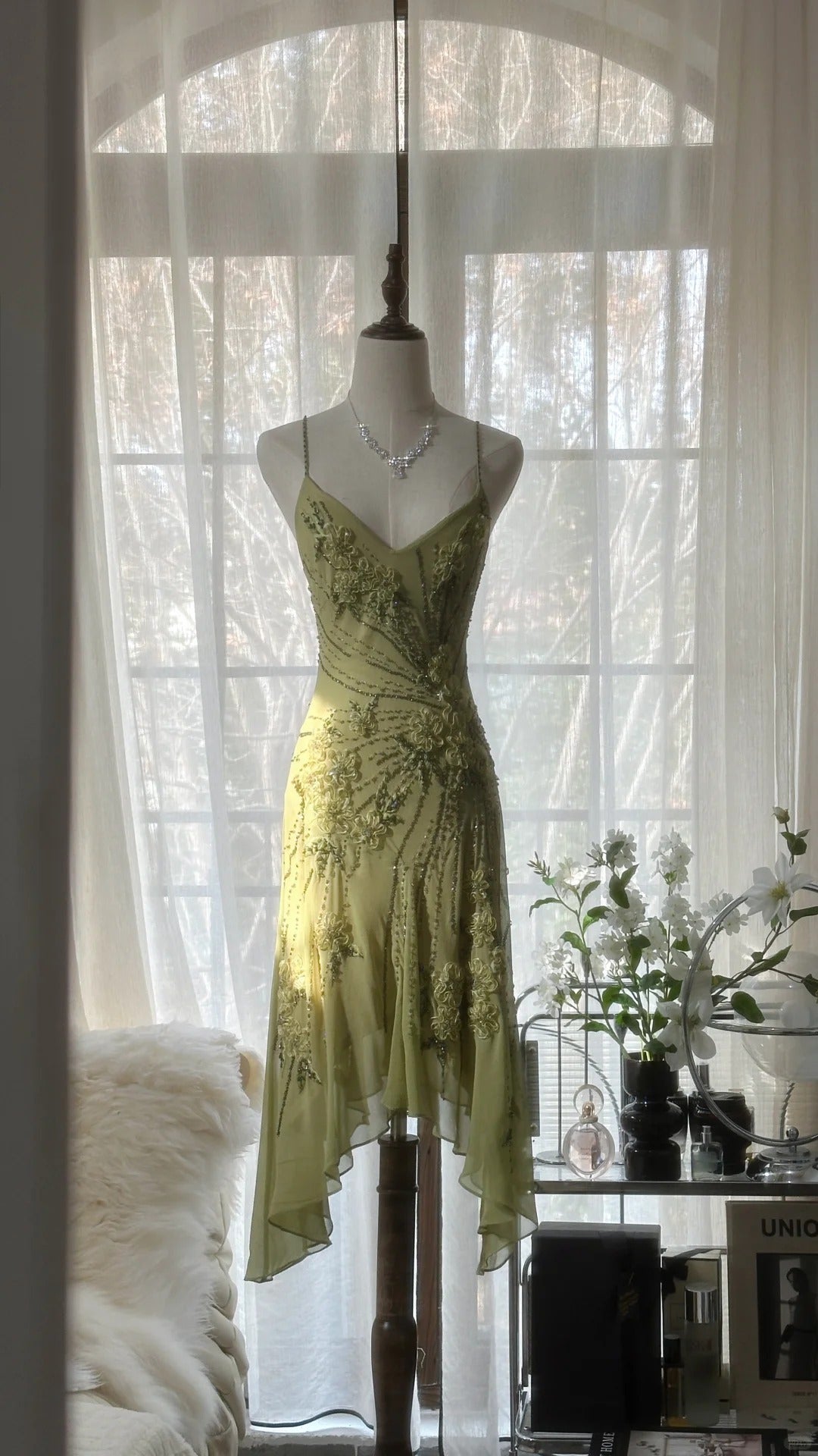 Grün Romantisch Mode Elegant Zarte Blumenapplikation Perlen Spaghettiträger Midi/Kurz Chiffon Rüschen Ballkleid Abendkleid Partykleid gh4060