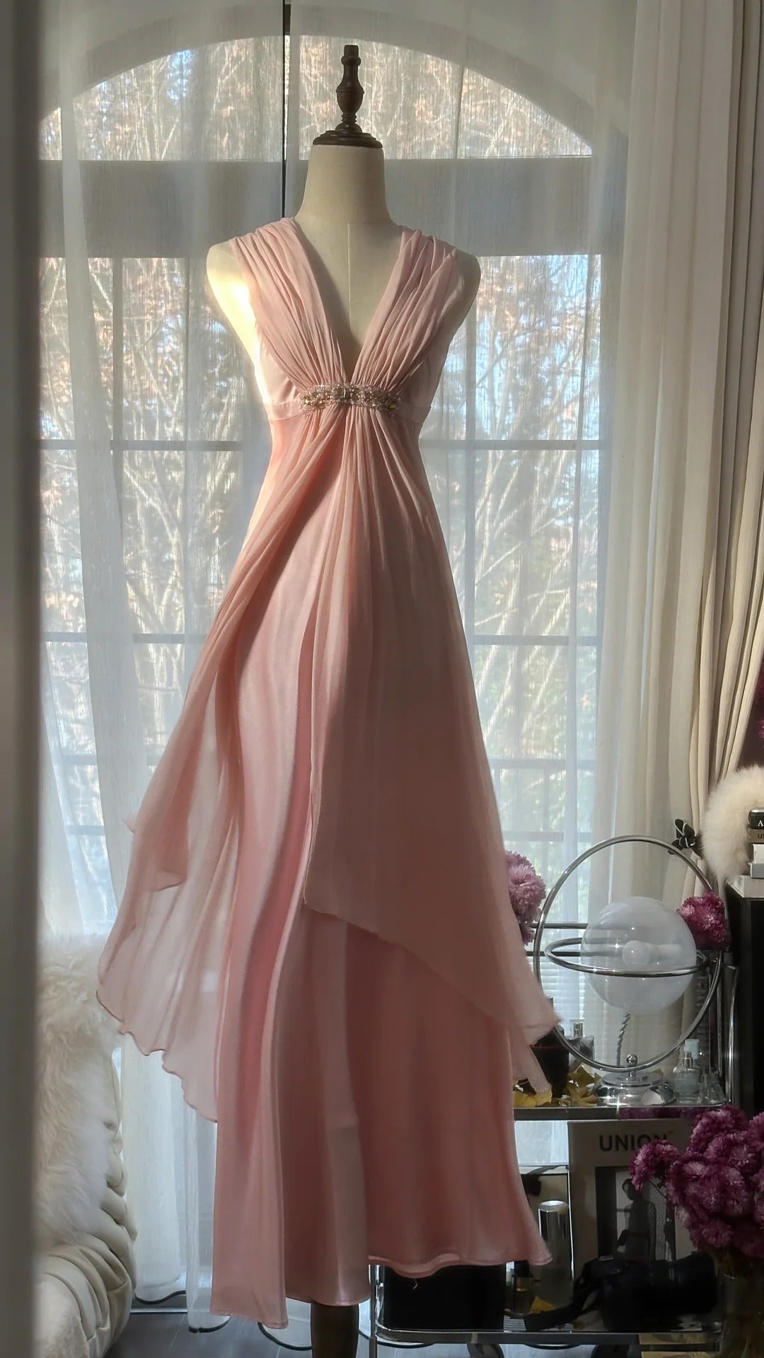 Rosa Elegante Exquisite Strass Lange Satin Chiffon Ballkleid Abendkleid Partykleid Geburtstagskleid Date Kleid gh4163