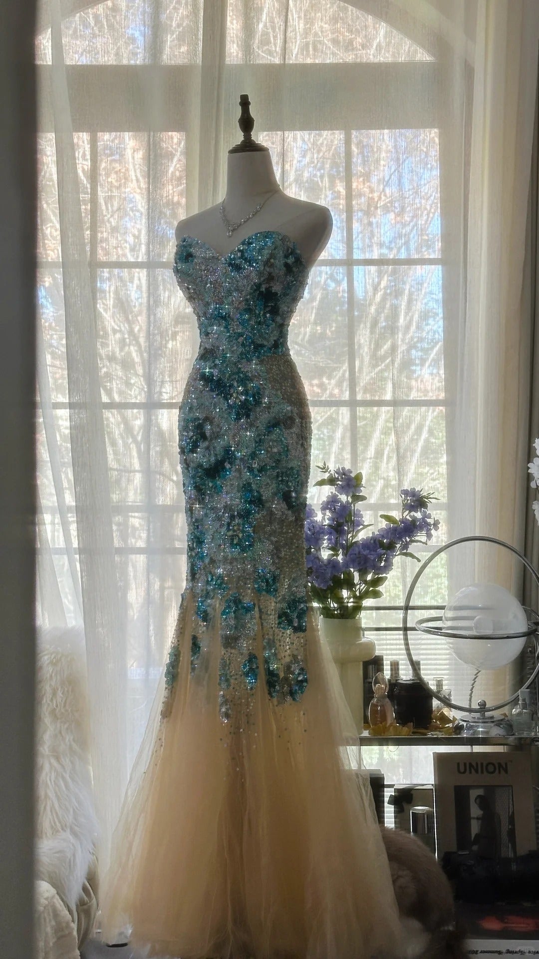 Blaues, wunderschönes, glänzendes, exquisites, perlenbesetztes, langes Chiffon-Tüll-Pailletten-Ballkleid, Abendkleid, Partykleid, Geburtstagskleid, Verabredungskleid, gh4162