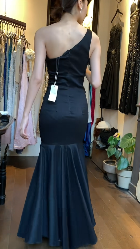 Black One Shoulder 3D Bow Sequin Ruched Mermaid Long Evening Prom Dress gh9758