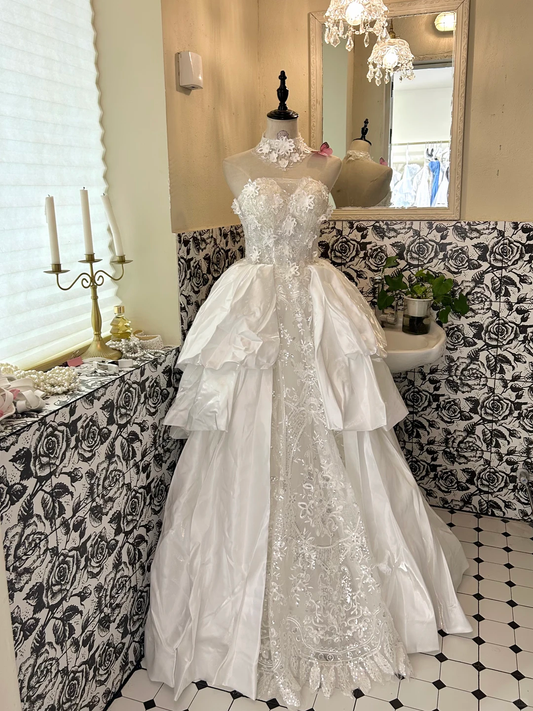 White Strapless Waist-Cinched Voluminous Tiered Skirt Classic Romantic Dress, Wedding Gown gh7660