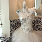 White Strapless Beaded Waist-Cinched Tiered Ruffle Cake Skirt Romantic Dress, Wedding Gown gh7496