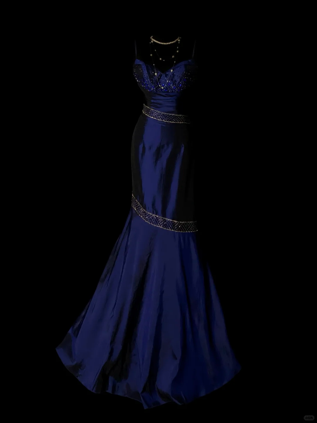 Navy Blue Vintage Satin Mermaid Evening Gown, Spaghetti Strap Sweetheart Neck, Beaded Rhinestone Bodice, Gold Beaded Trim On Waist & Skirt, Floor‑Length Mermaid Prom Dress gh8892