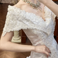 White Vintage Satin Mermaid Wedding Prom Dress, Off‑the‑Shoulder V‑Neck Lace Collar, Embroidered Lace Appliqués, Tulle Mermaid Long Train gh8693