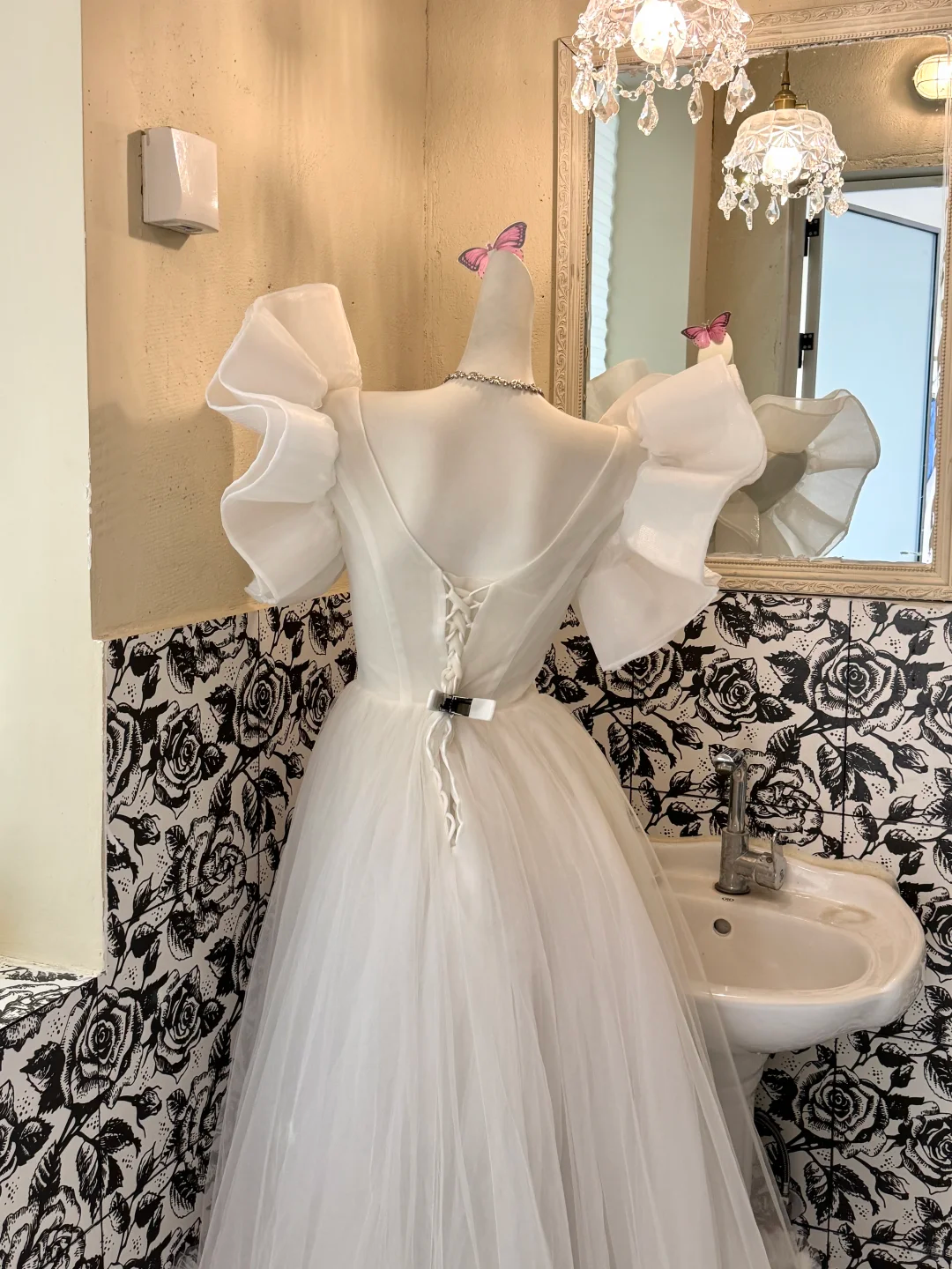 White Ruffled Spaghetti Straps Waist-Cinched Full Flared Skirt Romantic Dress, Wedding Gown gh7626