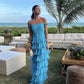 Blue Fashion Elegant Off Shoulder A-line Tiered Long Chiffon Ball Gown Evening Dress Wedding Guest Dress Party Dress gh3075