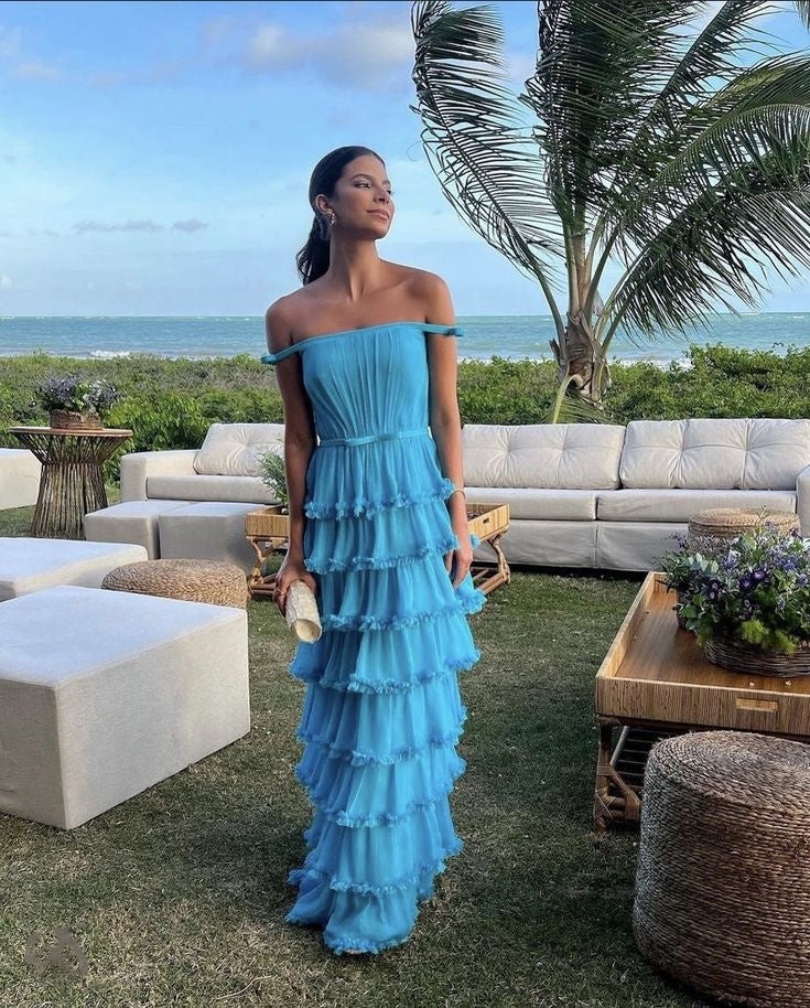 Blue Fashion Elegant Off Shoulder A-line Tiered Long Chiffon Ball Gown Evening Dress Wedding Guest Dress Party Dress gh3075