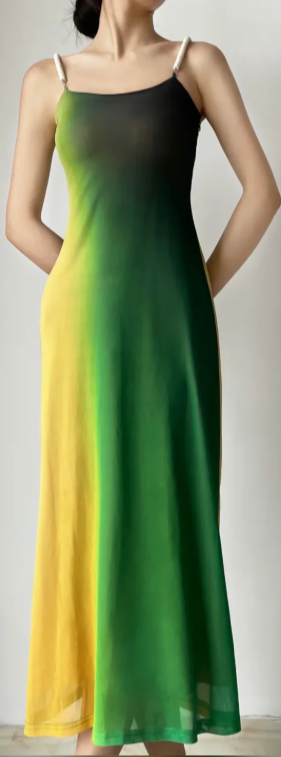 Green‑Yellow Gradient Mesh Slip Maxi Gown, Square Neck, Contrast Braided Spaghetti Straps, Stretch Mesh Fabric, Fitted Straight Maxi Silhouette, Double‑Layer Sheer Mesh, Retro Vibe Vacation Prom Photoshoot Dress gh8860
