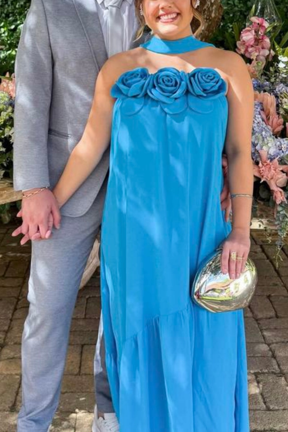 girlhomeshops-Blue Floral Simple Stylish Long Chiffon Wedding Guest Dress Prom Dress gh5921