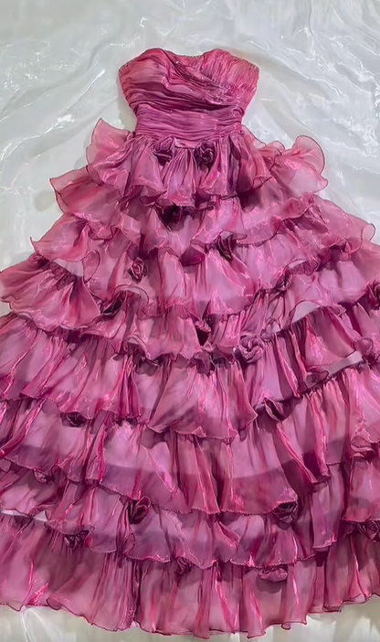 Hot Pink Strapless Fitted Waist Tiered Cake Skirt Prom & Evening Party Dress gh8519