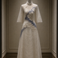 ✨Girlhomeshops-Cream Pearl Beaded Blue Embroidery Qipao Cheongsam Evening Dress gh10381