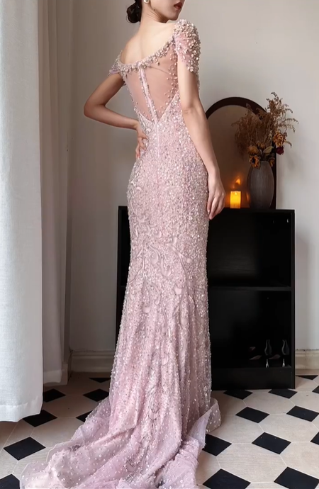 Light‑Pink‑Mermaid‑Evening‑Gown V‑Neck‑Cap‑Sleeves All‑Over‑Beaded‑Sequins Side‑Scroll‑Embroidery Fitted‑Sweep‑Train Retro‑Prom‑Bridal‑Reception‑Dress gh8848