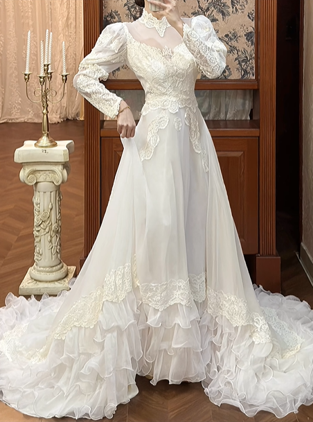 Ivory Vintage Tulle Wedding Prom Dress, Lace High Neck Illusion V‑Neck, Leg‑of‑Mutton Puff Sleeves, Lace Appliqués, Multi‑Tier Ruffle Cake Skirt gh8677