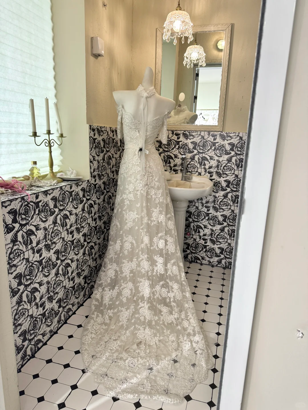 Ivory Lace Off-the-Shoulder Cinched Waist Figure-Flattering Long Romantic Dress, Wedding Gown gh7784