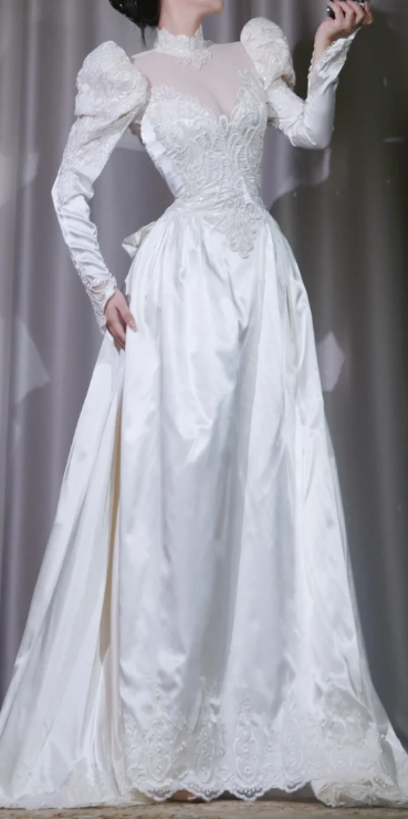 ✨Girlhomeshops-White Puff Sleeve Lace Wedding Gown High Neck Satin Ballgown Bridal Dress gh10096