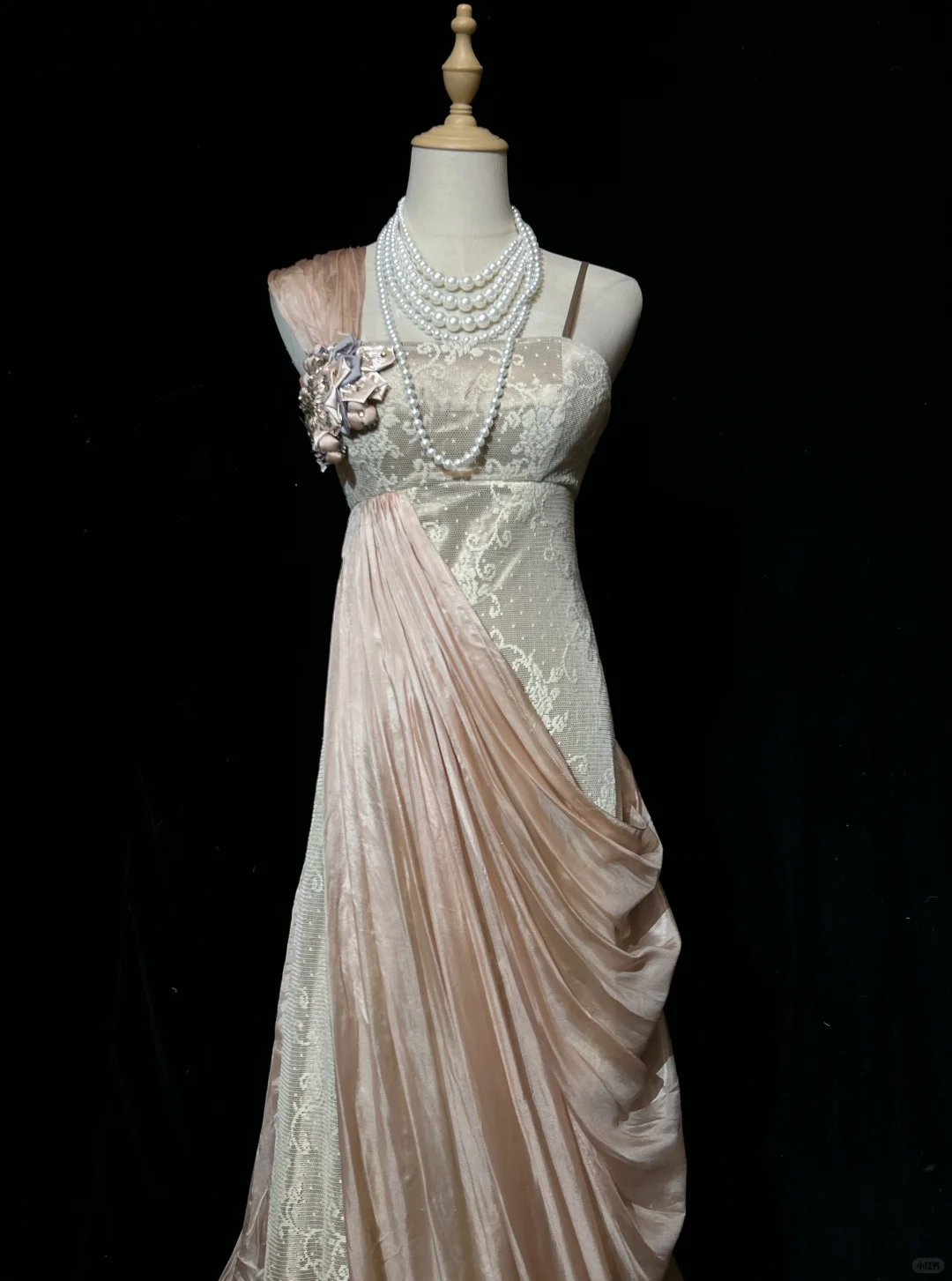 ✨Girlhomeshops-Nude Pink One Shoulder Draped Satin Gown Lace 3D Floral gh10141