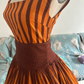 Orange‑Brown Vertical Stripe 1950s Vintage Midi Dress, Square Neck Sleeveless Wide High Waist Pleated Swing Skirt Retro Evening Gown gh9085