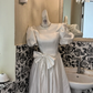 White Square Neck Puff Sleeve Waist-Cinched Full Flared Romantic Dress, Wedding Gown gh7520