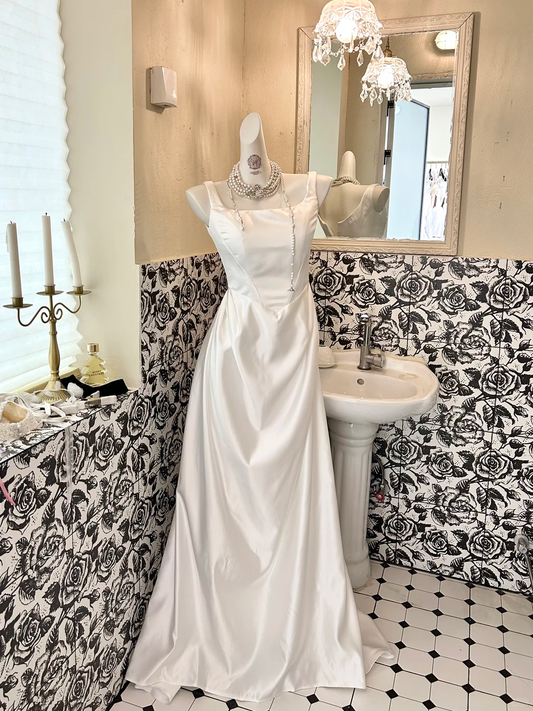 White Satin Spaghetti Strap Waist-Cinched Figure-Flattering Long Classic Elegant Romantic Dress, Wedding Gown gh7733