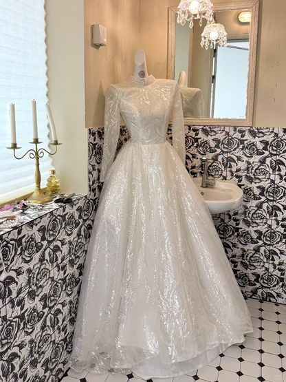 Ivory Sequin Long Sleeve Waist-Cinched Full Flared Skirt Luxury Romantic Dress, Wedding Gown gh7652