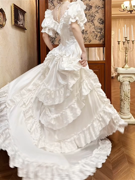 White Satin Vintage Illusion V‑Neck Puff Short Sleeve Lace Ruffle Fitted Waist Ball Gown Prom Dress, Wedding Dress gh8616