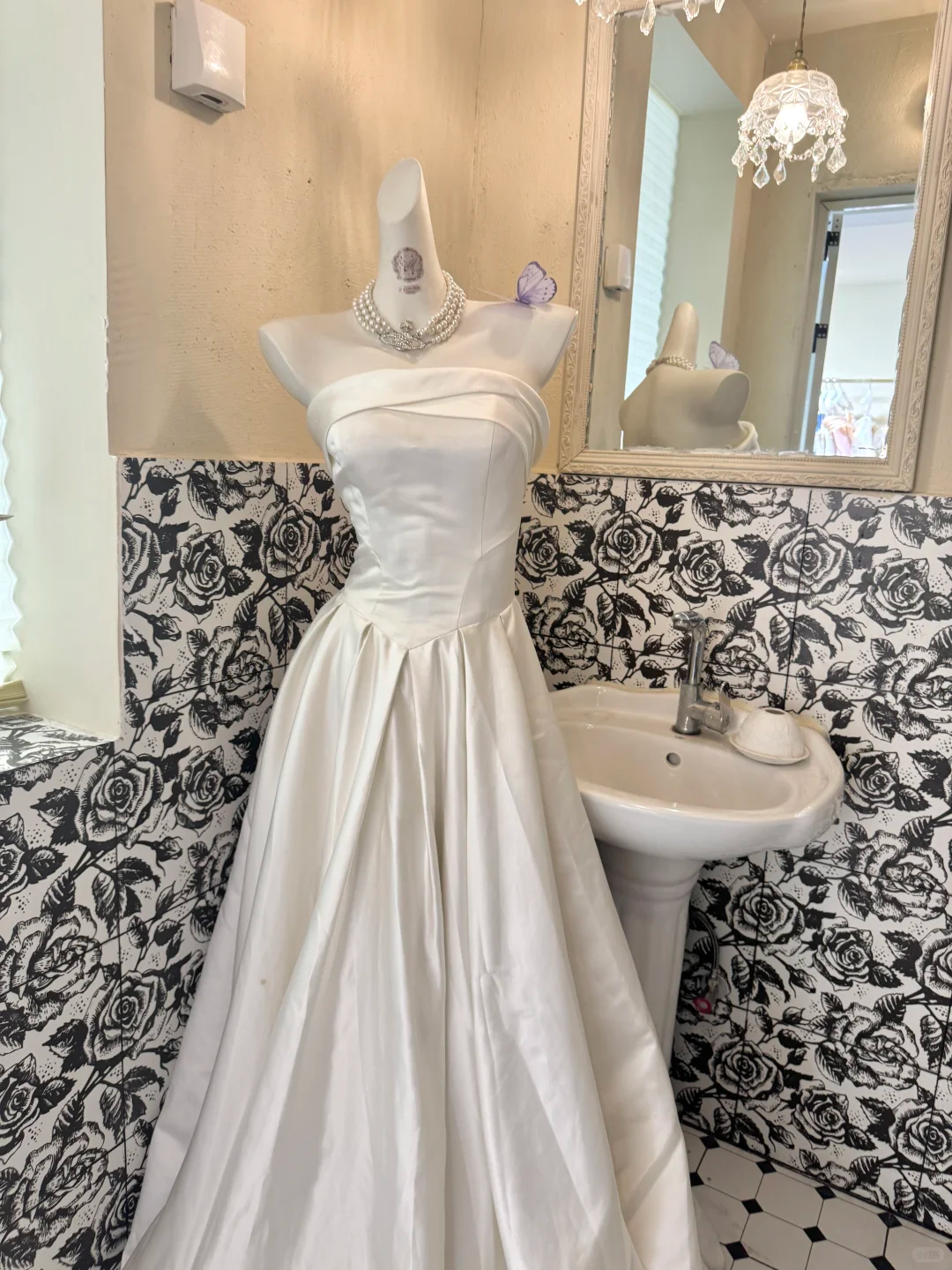 White Satin Strapless Cinched Waist Full Flared Skirt Long Premium Romantic Dress, Wedding Gown gh7795