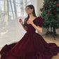 Burgundy Velvet V Neck Short Puff Sleeve Beaded A-Line Long Floor Length Ball Gown Evening Dress Christmas Party Dress gh3042