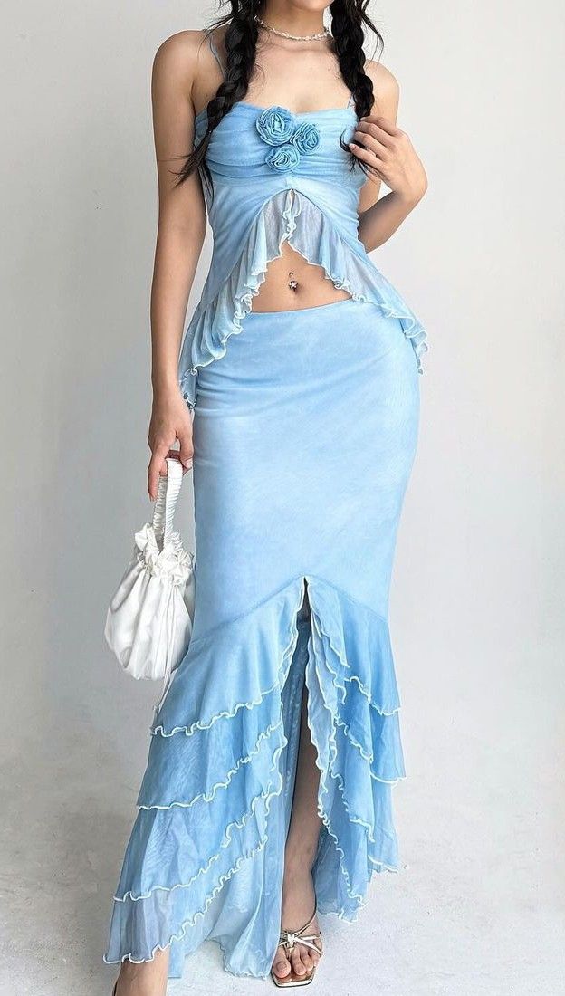 Robe longue en mousseline de soie à volants, motif floral bleu/rose, tenue de soirée, de voyage, de vacances, deux pièces, gh4770